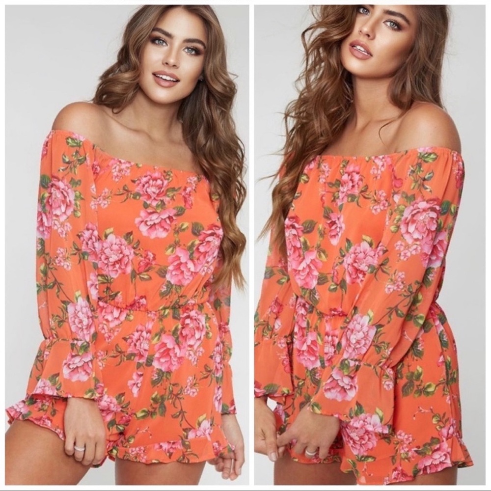 S,M,L | Orange off-shoulder floral romper